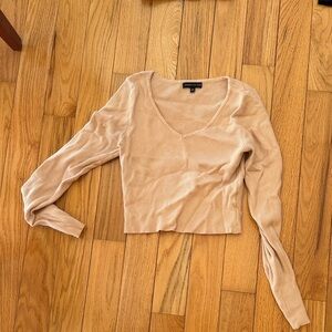 Kendall & Kylie Ribbed V-Neck Long Sleeve Crop Top in Light Beige
